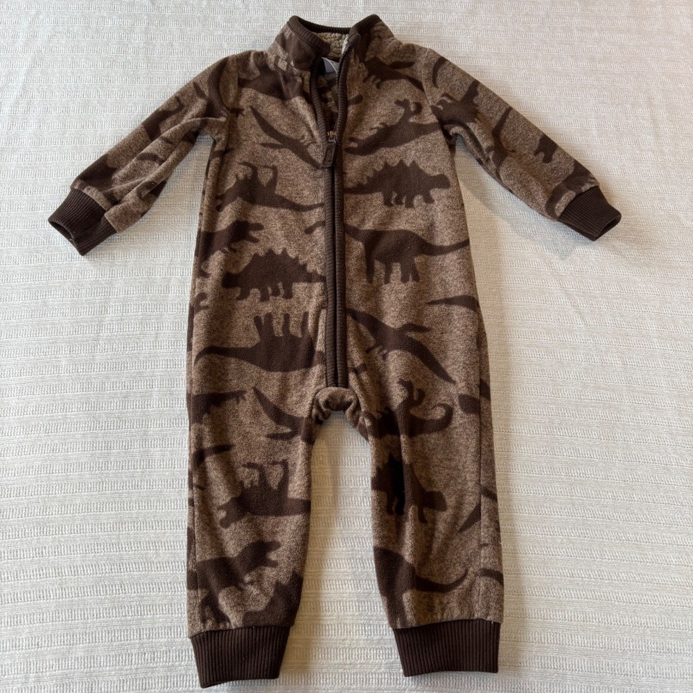Carters Baby Boys Brown Dinosaur Fleece Jumpsuit 12M One Piece Romper 1J424510